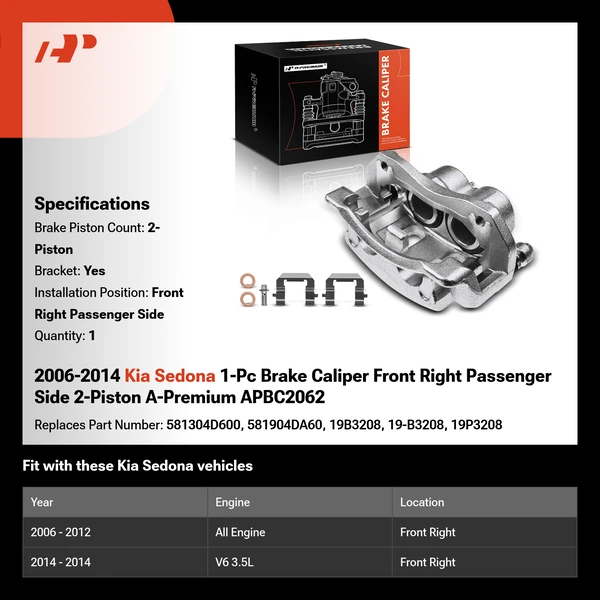 2006-2014 Kia Sedona 1-Pc Brake Caliper Front Right Passenger Side 2-Piston A-Premium APBC2062