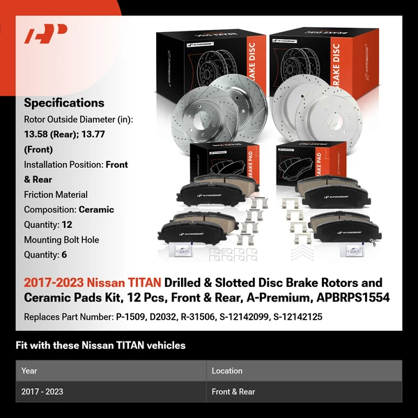 2017-2023 Nissan TITAN Drilled & Slotted Disc Brake Rotors and Ceramic Pads Kit, 12 Pcs, Front & Rear, A-Premium, APBRPS1554