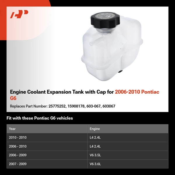 Engine Coolant Expansion Tank with Cap for 2006-2010 Pontiac G6