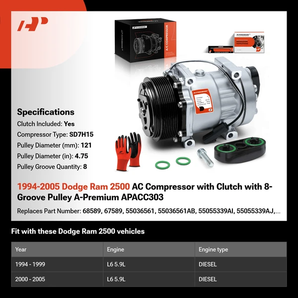 1994-2005 Dodge Ram 2500 AC Compressor with Clutch with 8-Groove Pulley A-Premium APACC303