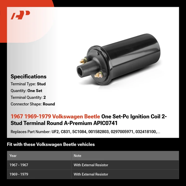 1967 1969-1979 Volkswagen Beetle One Set-Pc Ignition Coil 2-Stud Terminal Round A-Premium APIC0741