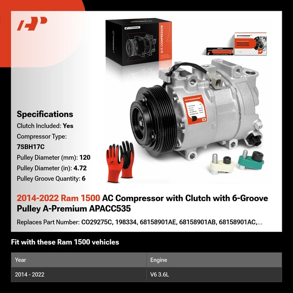 2014-2022 Ram 1500 AC Compressor with Clutch with 6-Groove Pulley A-Premium APACC535