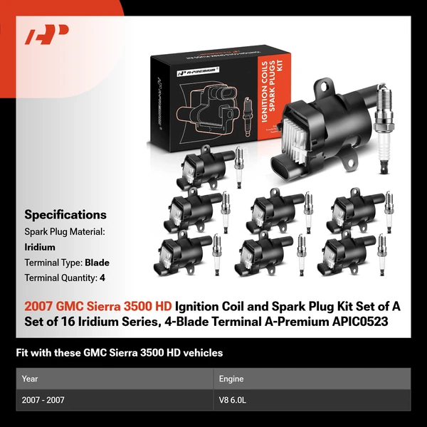 2007 GMC Sierra 3500 HD Ignition Coil and Spark Plug Kit Set of A Set of 16 Iridium Series, 4-Blade Terminal A-Premium APIC0523