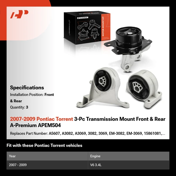 2007-2009 Pontiac Torrent 3-Pc Transmission Mount Front & Rear A-Premium APEM504