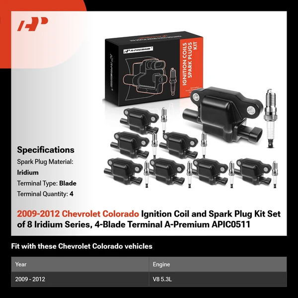 2009-2012 Chevrolet Colorado Ignition Coil and Spark Plug Kit Set of 8 Iridium Series, 4-Blade Terminal A-Premium APIC0511