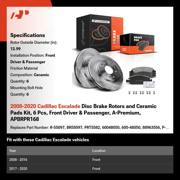 2008-2020 Cadillac Escalade Disc Brake Rotors and Ceramic Pads Kit, 6 Pcs, Front Driver & Passenger, A-Premium, APBRPR168