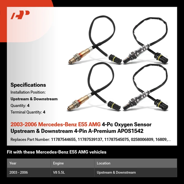 2003-2006 Mercedes-Benz E55 AMG 4-Pc Oxygen Sensor Upstream & Downstream 4-Pin A-Premium APOS1542