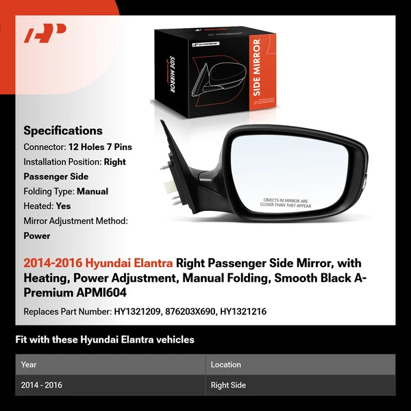 2014-2016 Hyundai Elantra Right Passenger Side Mirror, with Heating, Power Adjustment, Manual Folding, Smooth Black A-Premium APMI604