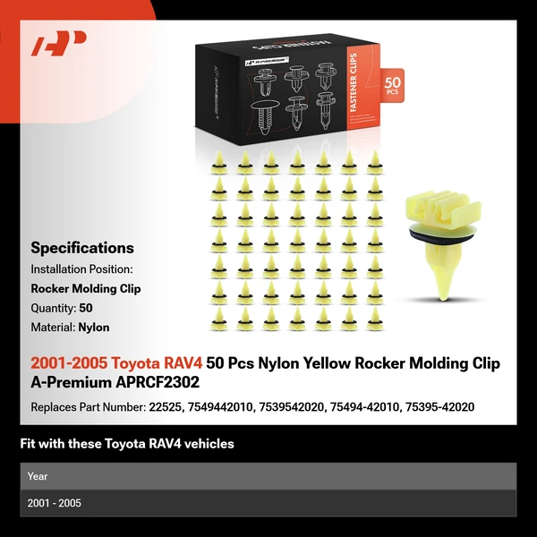 2001-2005 Toyota RAV4 50 Pcs Nylon Yellow Rocker Molding Clip A-Premium APRCF2302