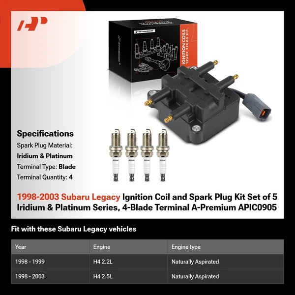 1998-2003 Subaru Legacy Ignition Coil and Spark Plug Kit Set of 5 Iridium & Platinum Series, 4-Blade Terminal A-Premium APIC0905