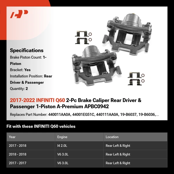 2017-2022 INFINITI Q60 2-Pc Brake Caliper Rear Driver & Passenger 1-Piston A-Premium APBC0942