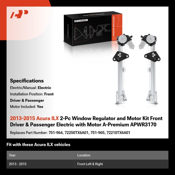 2013-2015 Acura ILX 2-Pc Window Regulator and Motor Kit Front Driver & Passenger Electric with Motor A-Premium APWR3170