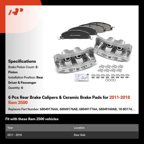 6 Pcs Rear Brake Calipers & Ceramic Brake Pads for 2011-2018 Ram 2500
