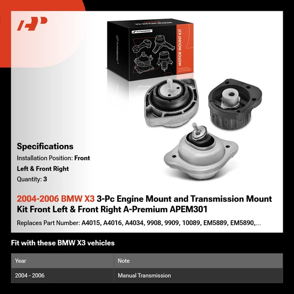 2004-2006 BMW X3 3-Pc Engine Mount and Transmission Mount Kit Front Left & Front Right A-Premium APEM301