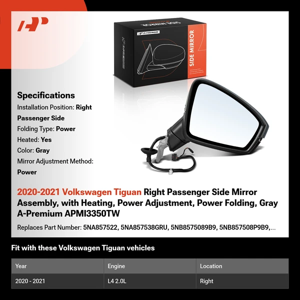 2020-2021 Volkswagen Tiguan Right Passenger Side Mirror Assembly, with Heating, Power Adjustment, Power Folding, Gray A-Premium APMI3350TW