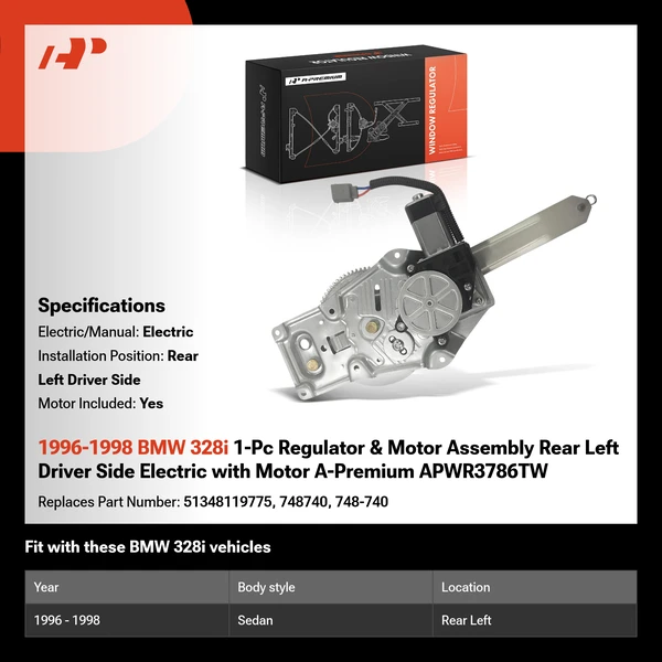 1996-1998 BMW 328i 1-Pc Regulator & Motor Assembly Rear Left Driver Side Electric with Motor A-Premium APWR3786TW