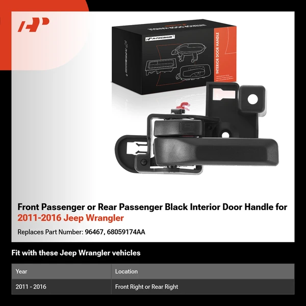 Front Passenger or Rear Passenger Black Interior Door Handle for 2011-2016 Jeep Wrangler