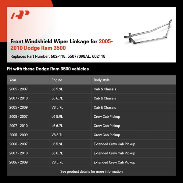 Front Windshield Wiper Linkage for 2005-2010 Dodge Ram 3500