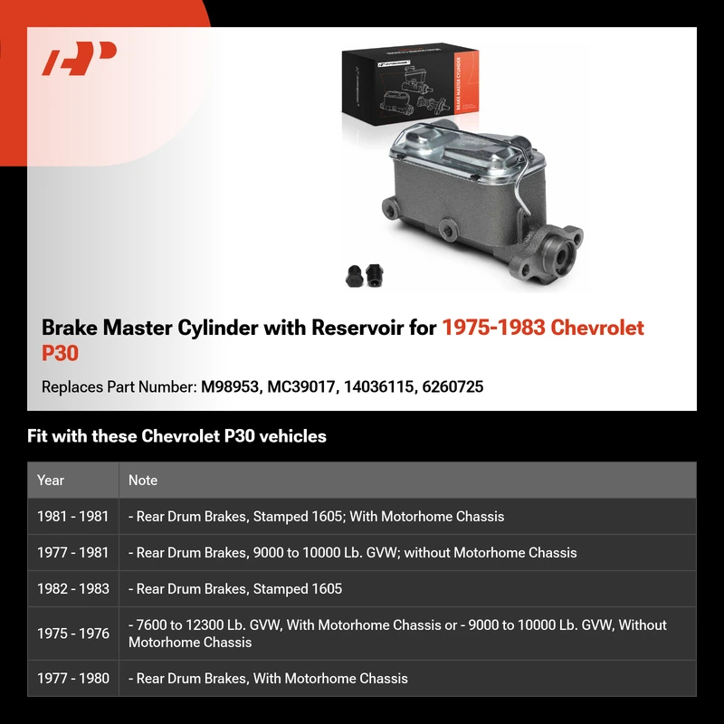 Brake Master Cylinder with Reservoir for 1975-1983 Chevrolet P30