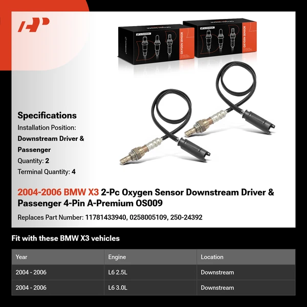 2004-2006 BMW X3 2-Pc Oxygen Sensor Downstream Driver & Passenger 4-Pin A-Premium OS009