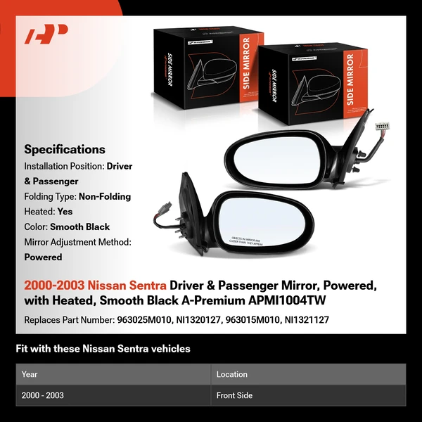 2000-2003 Nissan Sentra Driver & Passenger Mirror, Powered, with Heated, Smooth Black A-Premium APMI1004TW