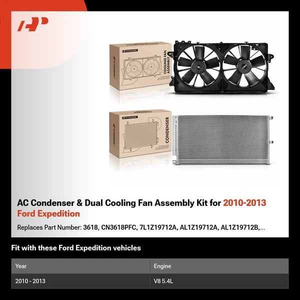 AC Condenser & Dual Cooling Fan Assembly Kit for 2010-2013 Ford Expedition