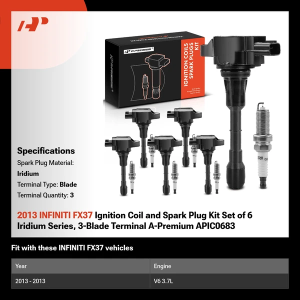 2013 INFINITI FX37 Ignition Coil and Spark Plug Kit Set of 12 Iridium Series, 3-Blade Terminal A-Premium APIC0683