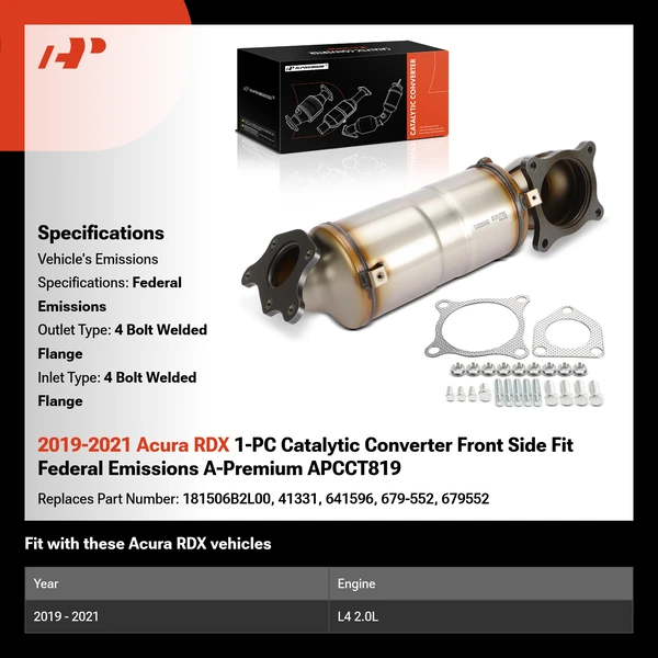 2019-2021 Acura RDX 1-PC Catalytic Converter Front Side Fit Federal Emissions A-Premium APCCT819
