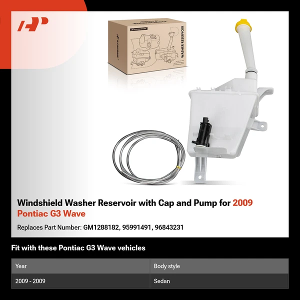 Windshield Washer Reservoir with Cap and Pump for 2009 Pontiac G3 Wave