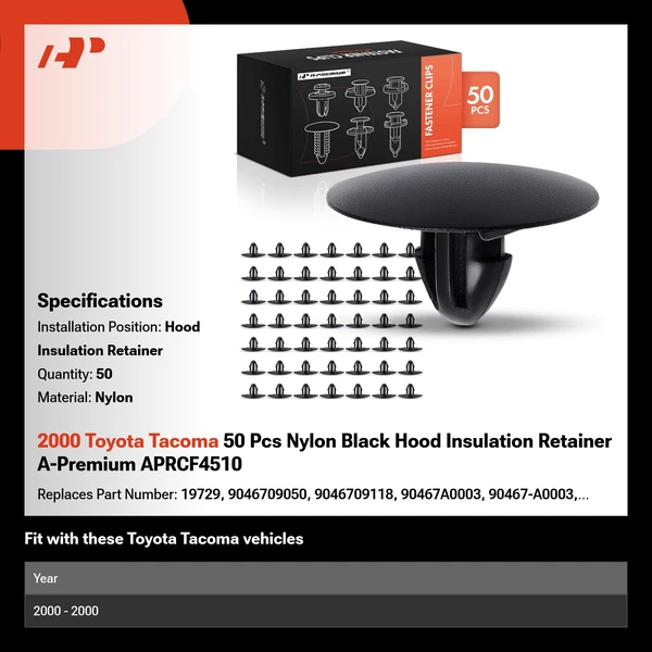 2000 Toyota Tacoma 50 Pcs Nylon Black Hood Insulation Retainer A-Premium APRCF4510