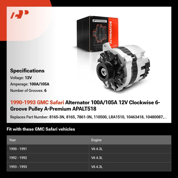 1990-1993 GMC Safari Alternator 100A/105A 12V Clockwise 6-Groove Pulley A-Premium APALT518