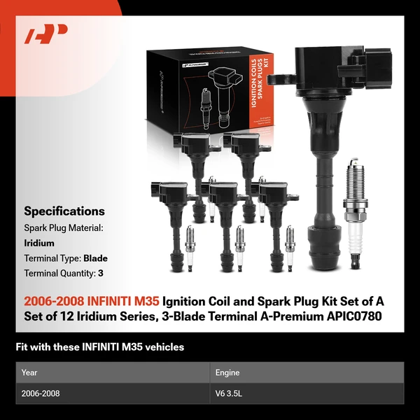 2006-2008 INFINITI M35 Ignition Coil and Spark Plug Kit Set of A Set of 12 Iridium Series, 3-Blade Terminal A-Premium APIC0780