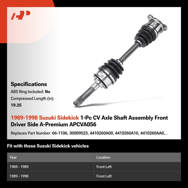 1989-1998 Suzuki Sidekick 1-Pc CV Axle Shaft Assembly Front Driver Side A-Premium APCVA056