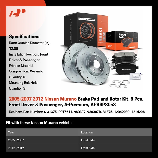2005-2007 2012 Nissan Murano Brake Pad and Rotor Kit, 6 Pcs, Front Driver & Passenger, A-Premium, APBRPS053