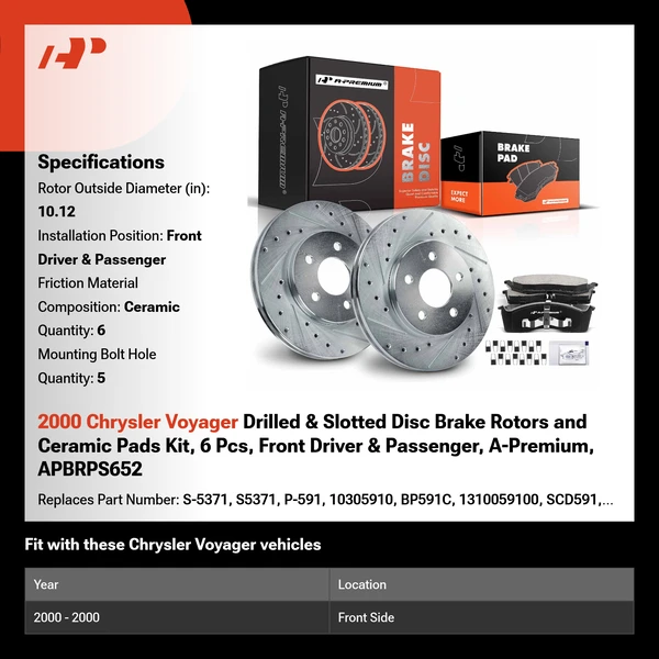 2000 Chrysler Voyager Drilled & Slotted Disc Brake Rotors and Ceramic Pads Kit, 6 Pcs, Front Driver & Passenger, A-Premium, APBRPS652