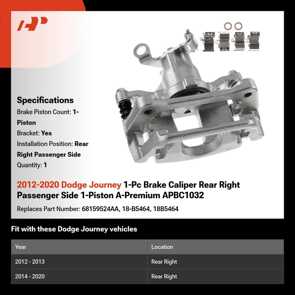 2012-2020 Dodge Journey 1-Pc Brake Caliper Rear Right Passenger Side 1-Piston A-Premium APBC1032