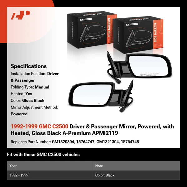 1992-1999 GMC C2500 Driver & Passenger Mirror, Powered, with Heated, Gloss Black A-Premium APMI2119