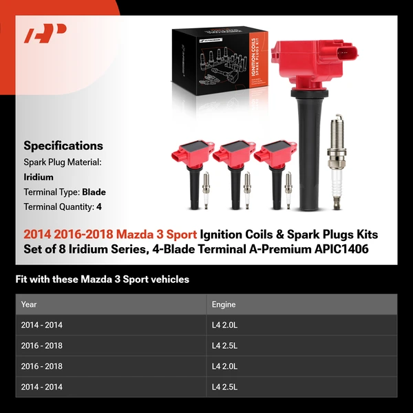 2014 2016-2018 Mazda 3 Sport Ignition Coils & Spark Plugs Kits Set of 8 Iridium Series, 4-Blade Terminal A-Premium APIC1406