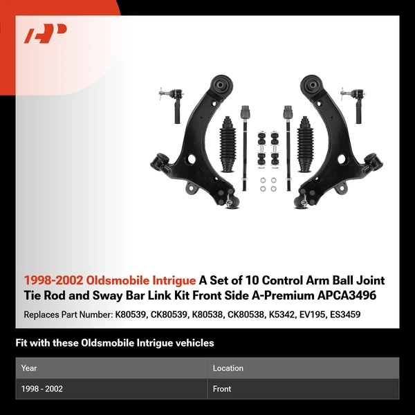 1998-2002 Oldsmobile Intrigue A Set of 10 Control Arm Ball Joint Tie Rod and Sway Bar Link Kit Front Side A-Premium APCA3496