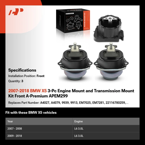 2007-2018 BMW X5 3-Pc Engine Mount and Transmission Mount Kit Front A-Premium APEM299