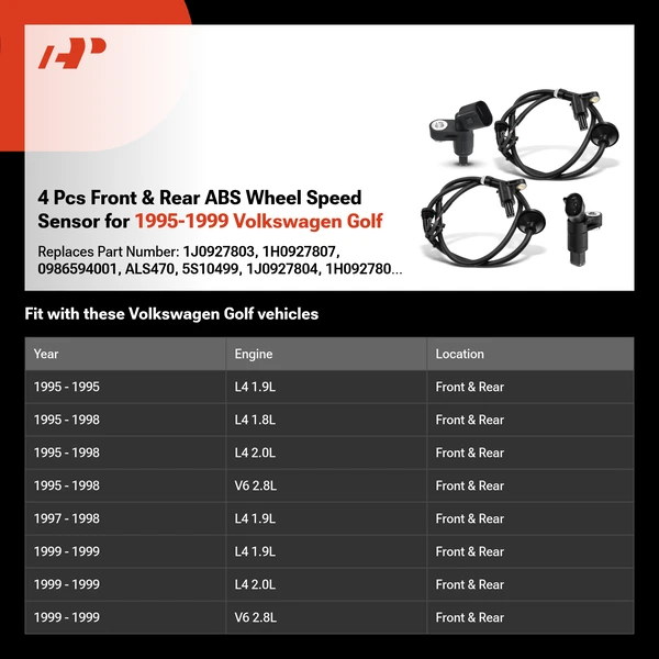 4 Pcs Front & Rear ABS Wheel Speed Sensor for 1995-1999 Volkswagen Golf