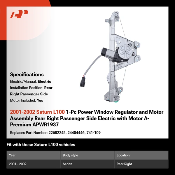 2001-2002 Saturn L100 1-Pc Power Window Regulator and Motor Assembly Rear Right Passenger Side Electric with Motor A-Premium APWR1937