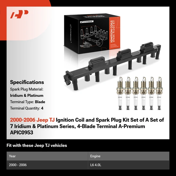 2000-2006 Jeep TJ Ignition Coil and Spark Plug Kit Set of A Set of 7 Iridium & Platinum Series, 4-Blade Terminal A-Premium APIC0953