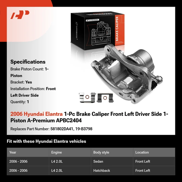2006 Hyundai Elantra 1-Pc Brake Caliper Front Left Driver Side 1-Piston A-Premium APBC2404