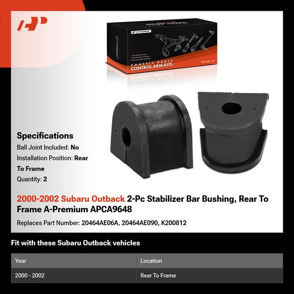 2000-2002 Subaru Outback 2-Pc Stabilizer Bar Bushing, Rear To Frame A-Premium APCA9648