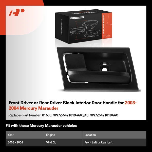 Front Driver or Rear Driver Black Interior Door Handle for 2003-2004 Mercury Marauder