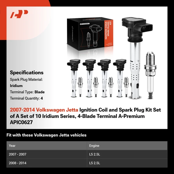 2007-2014 Volkswagen Jetta Ignition Coil and Spark Plug Kit Set of A Set of 10 Iridium Series, 4-Blade Terminal A-Premium APIC0627