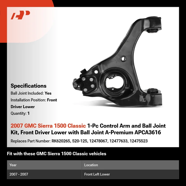 2007 GMC Sierra 1500 Classic 1-Pc Control Arm and Ball Joint Kit, Front Driver Lower with Ball Joint A-Premium APCA3616