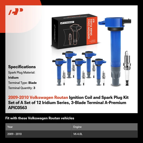 2009-2010 Volkswagen Routan Ignition Coil and Spark Plug Kit Set of A Set of 12 Iridium Series, 3-Blade Terminal A-Premium APIC0563