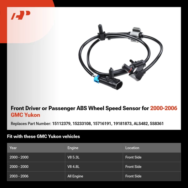 Front Driver or Passenger ABS Wheel Speed Sensor for 2000-2006 GMC Yukon